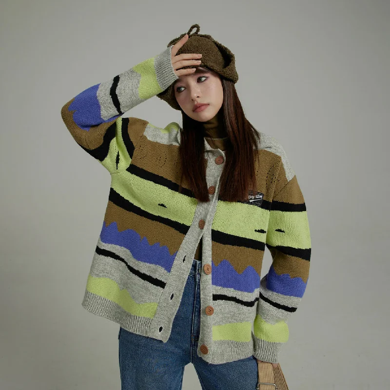 Striped Loose-Fit Knit Cardigan Mesh Blend Leather Blend Suede Blend