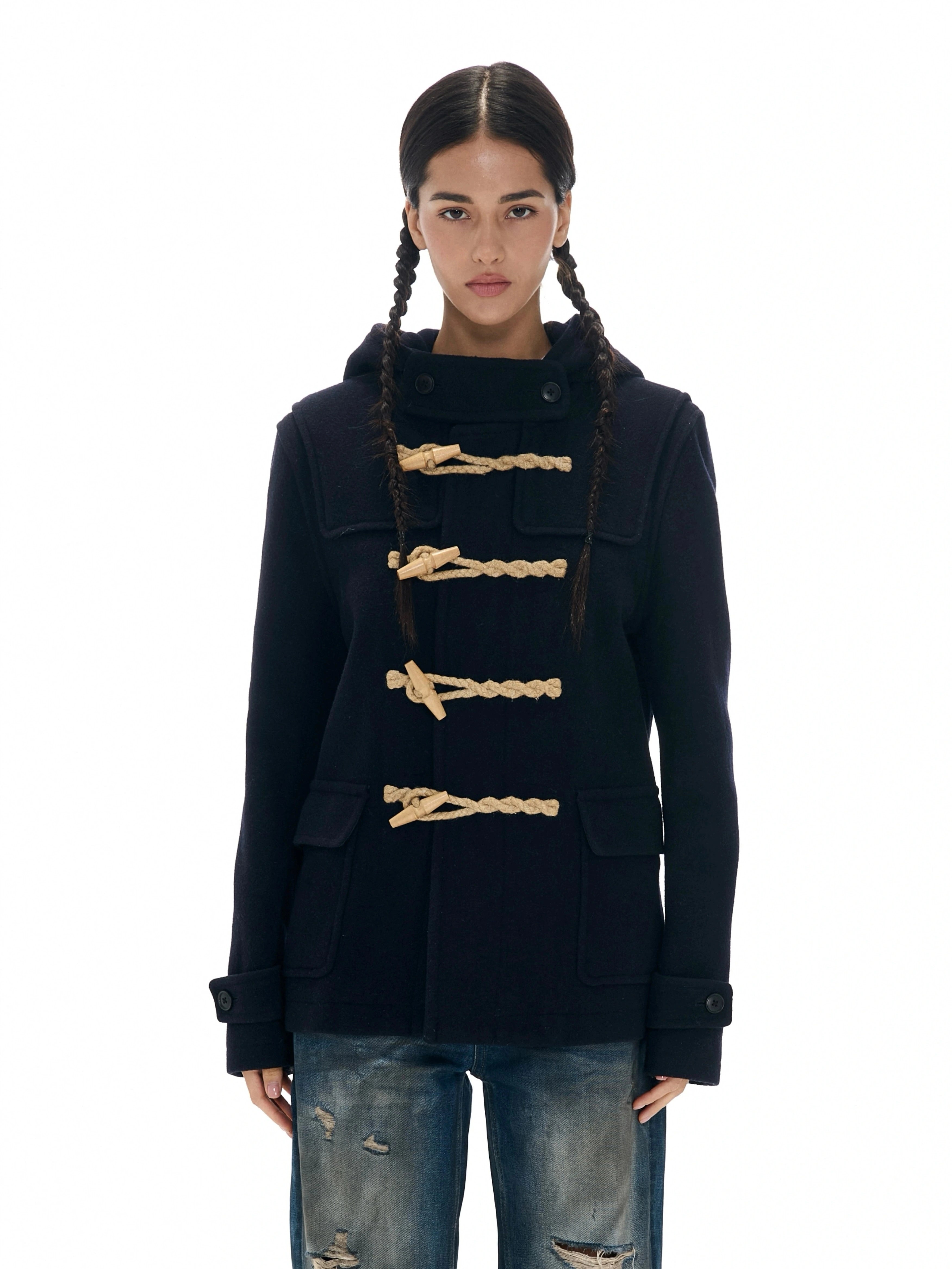 Toggle Rope Hooded Coat Asymmetrical Collar Hooded Zippered