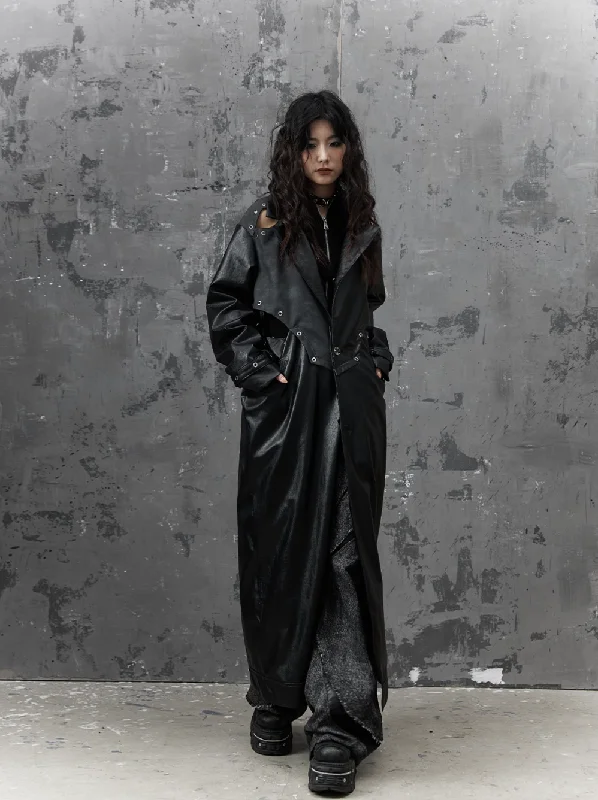 Frustration Garden Gothic Punk Maxi Coat - Black Faux Leather Trench With Oversized Collar And Asymmetrical Zip Off-the-Shoulder Jacket Double-Breasted Coat Single-Breasted Coat