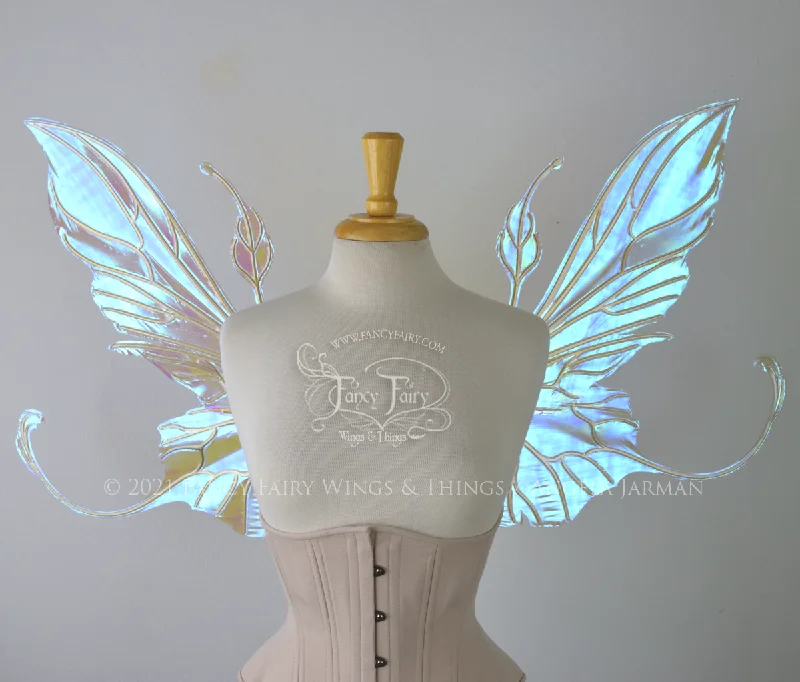 Elvina Iridescent Convertible Fairy Wings in Opal with Candy Coat Gold veins Striped Polka Dot Floral