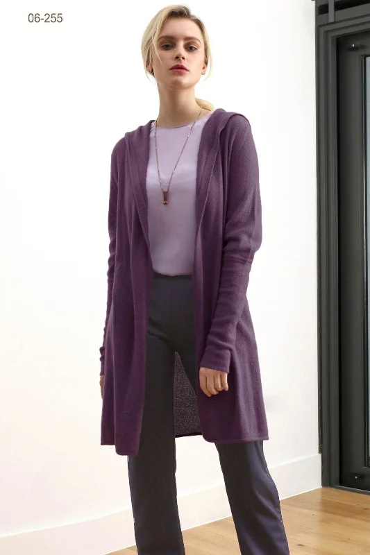 Long Cashmere Cardigan in plum - Hooded Boat Neck Shawl Collar Notched Collar
