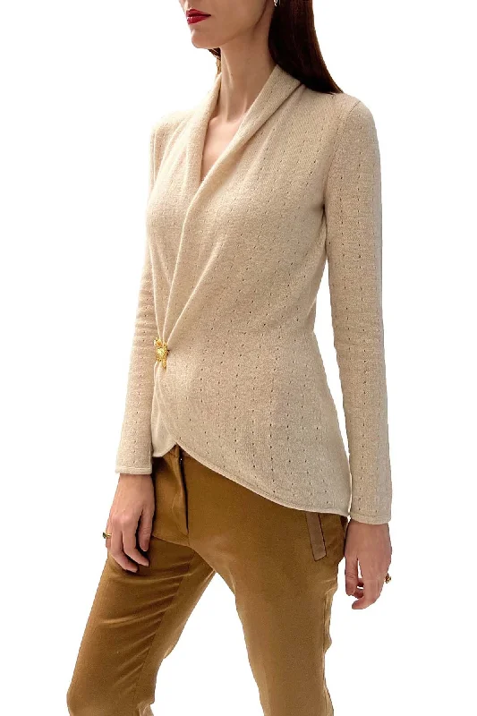 Beige Cashmere Cardigan - Pointelle Lace Blend Ribbed Blend Corduroy Blend