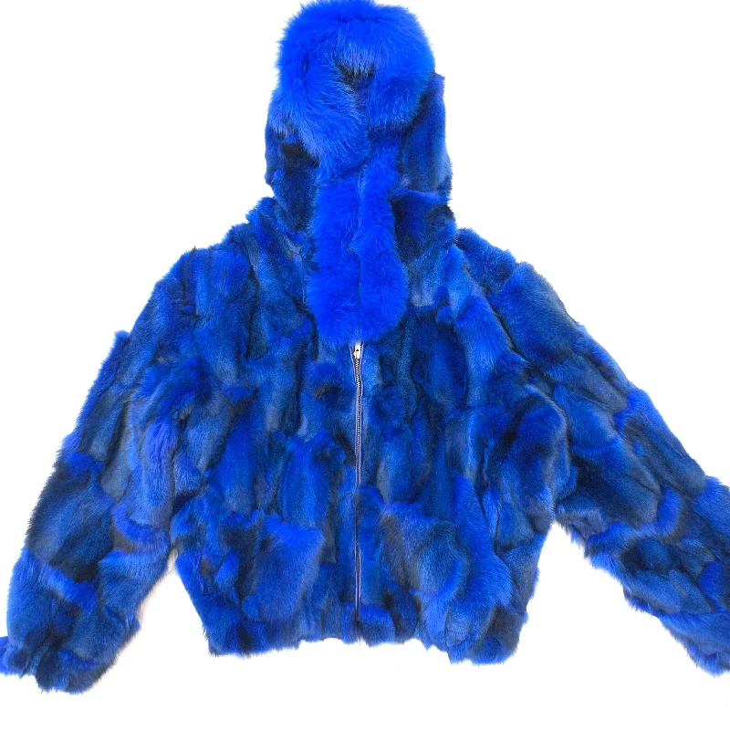 Kashani Women's Royal Blue Fox Fox Hooded Bomber Coat Pleated Ruffled tiered