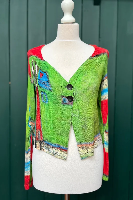 Re-Wear Aventures des Toiles Green Print Long Sleeve Cardigan Thin Thick Dense