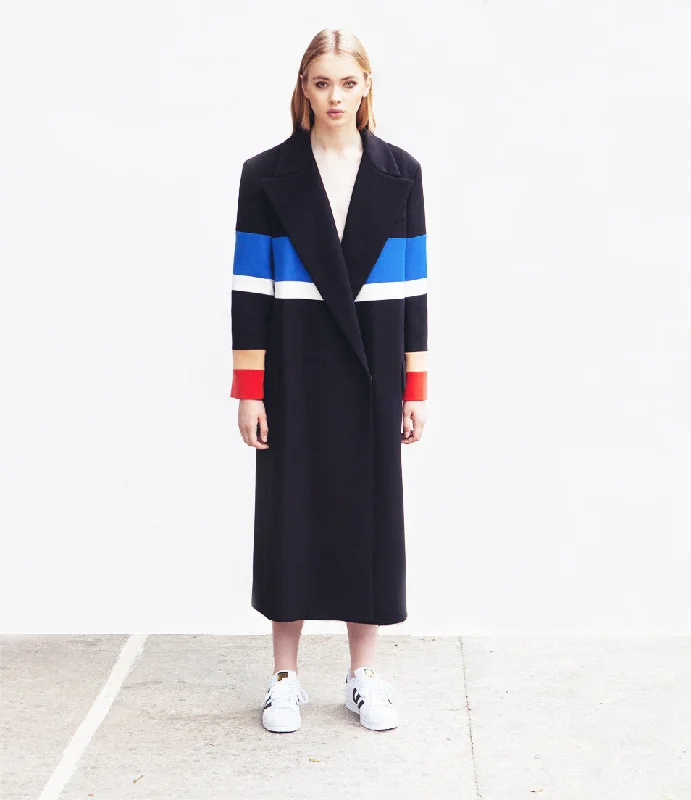 Tailored Striped Coat - B/W/R Hooded Caped Scarf