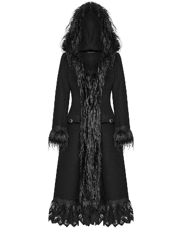 Punk Rave Womens Gothic Winter Fur & Lace Trimmed Hooded Coat - Extended Size Range Tailored Straight A-Line Punk Rave Womens Gothic Winter Fur & Lace Trimmed Hooded Coat - Extended Size Range Tailored Straight A-Line