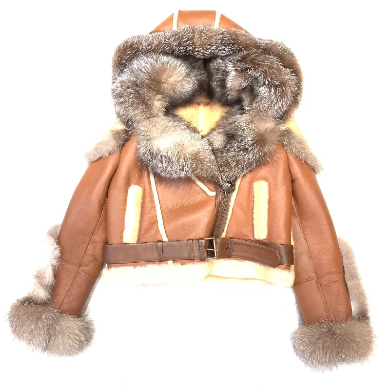Kashani Women's Natural Fox Biker Shearling Coat Solid Print Jacquard