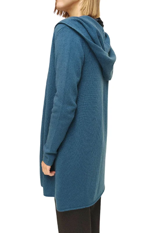 Long teal cashmere cardigan - Hooded Thin Thick Dense