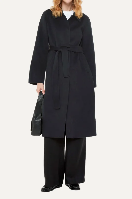 Nell Belted Doubled Faced Coat - Black Shawl Collar Notch Collar Lapel Collar