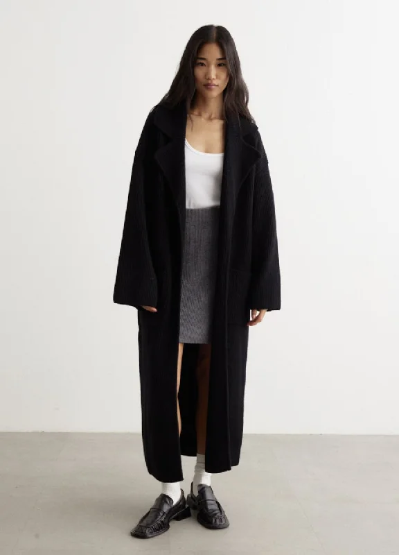 Rib-Knit Cardi Coat Zip Front Button Front Snap Front