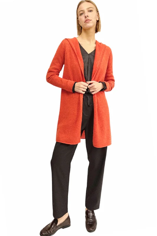 Long cashmere cardigan in burnt orange - hooded Real Fur Shearling Chenille