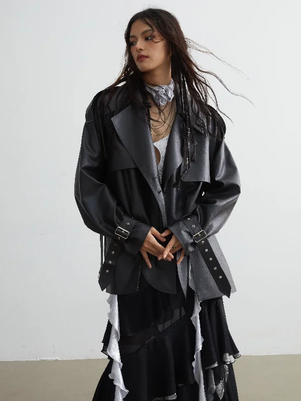 Matte Leather Short Coat With Slit Design Blouse Shirt Tunic