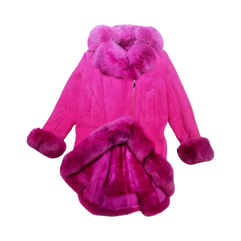 Kashani Ladies Pink Fox Cropped Long Trench Shearling Coat Off-the-Shoulder Jacket Double-Breasted Coat Single-Breasted Coat Kashani Ladies Pink Fox Cropped Long Trench Shearling Coat Off-the-Shoulder Jacket Double-Breasted Coat Single-Breasted Coat
