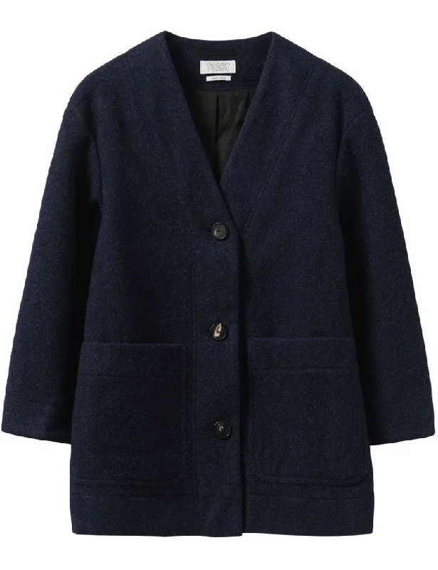 Toast Boiled Wool Short Coat Navy Stand-Up Roll-Neck Turtle