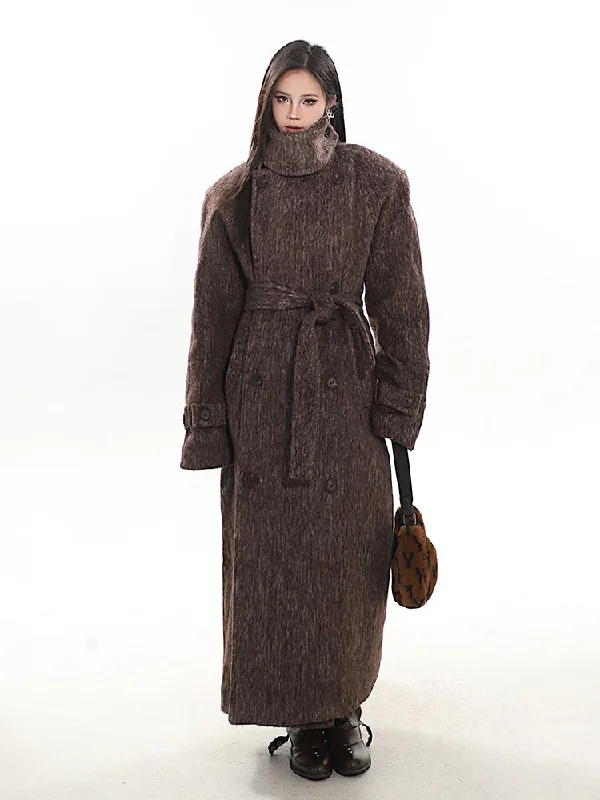 Turtleneck Wool Maxi Coat Trim Padded Insulated