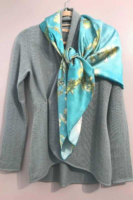 Duck egg Cashmere Cardigan - Pointelle Mesh Blend Leather Blend Suede Blend