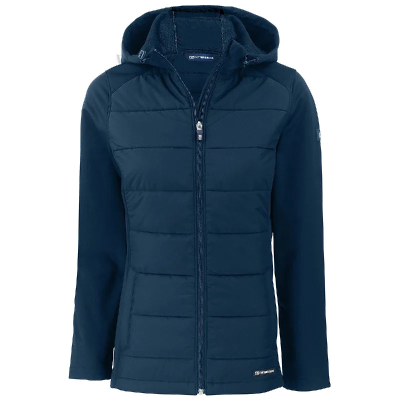 Cutter & Buck Women's Navy Blue Evoke Hybrid Eco Softshell Recycled Full Zip Hooded Jacket Hooded Jacket Caped Jacket Shawl Collar Jacket