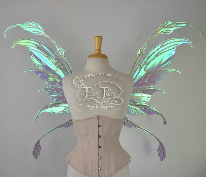 Fauna Iridescent Convertible Fairy Wings in Aquamarine with Candy Coat Gold veins Solid Print Jacquard