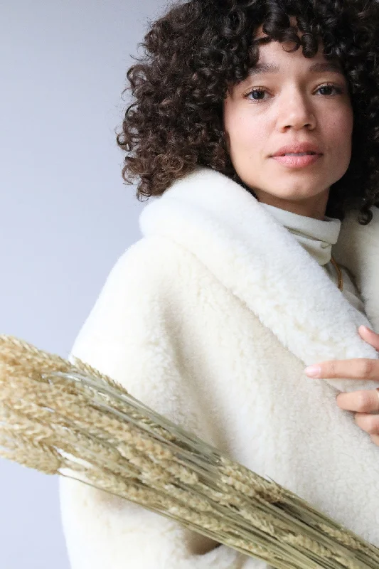 Medea Coat, Vegetarian Shearling Square Neck One-Shoulder Off-the-Shoulder