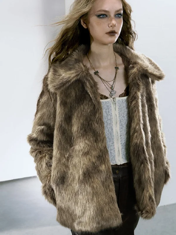 Eco-Chic Fur Short Coat Cuffed Rolled Raglan
