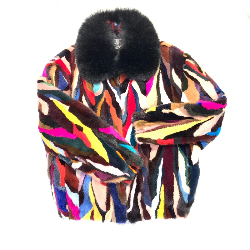 Kashani Women's Multi-Color Mink Fox Fur Collar Bomber Coat Fleece Down Feather