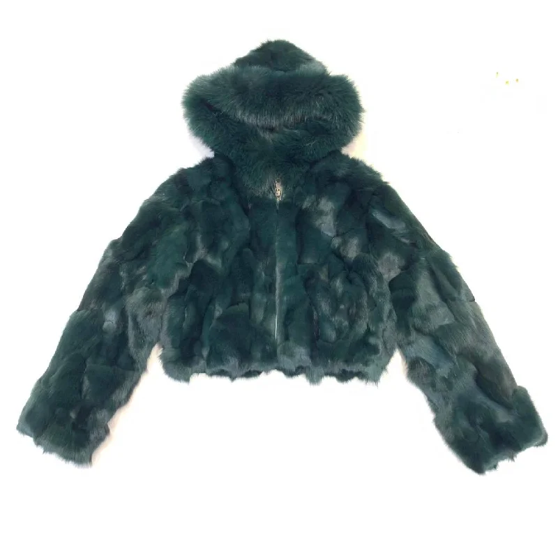 Kashani Ladies Green Hooded Fox Fur Coat Faux Fur Real Fur Shearling