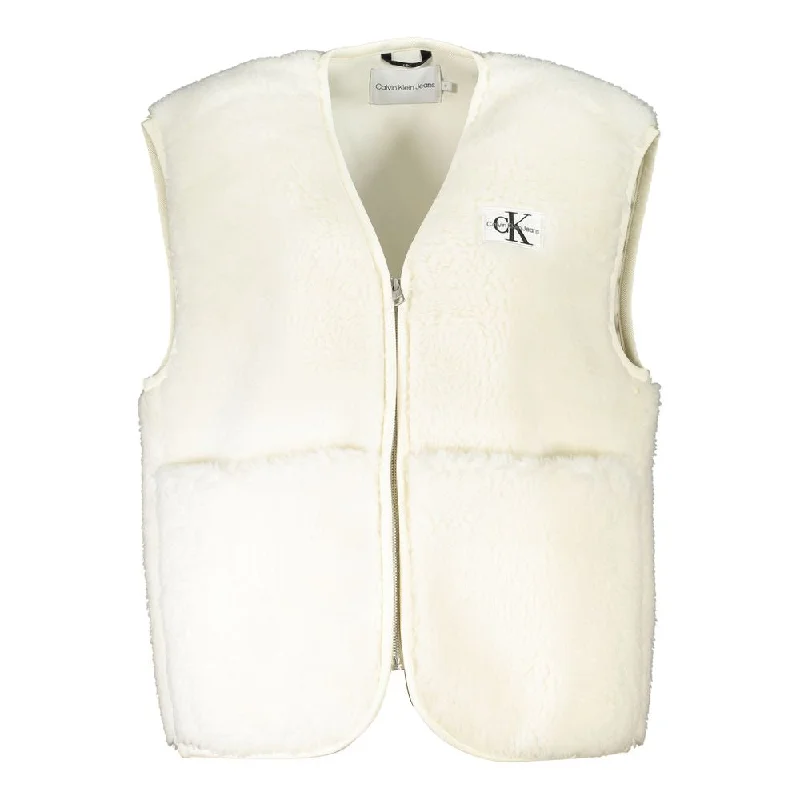 Chic Sleeveless White Coat With Bold Pockets Welt Pockets Slit Pockets Flap Pockets