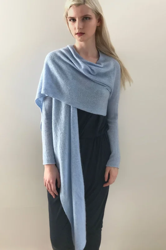 Long front lightweight cashmere cardigan in powder blue Iron Safe Non-Iron Wrinkle Free