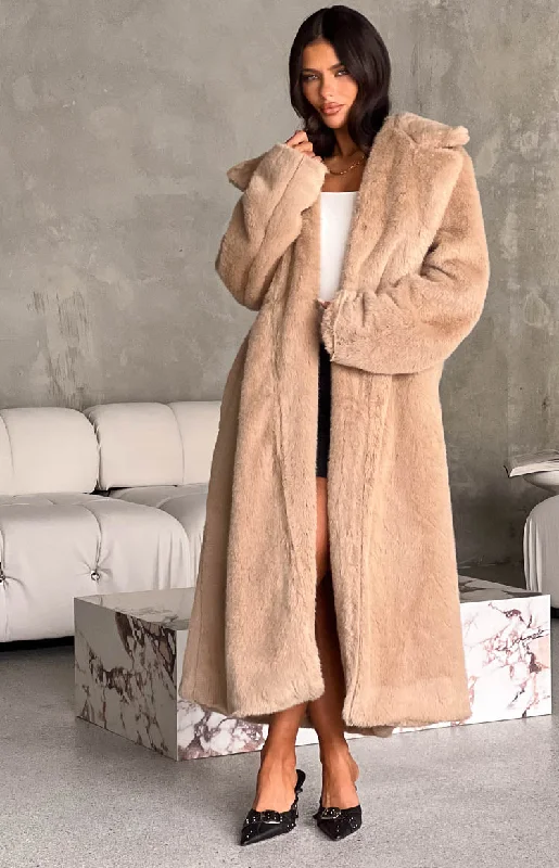 Lyrae Brown Full Length Faux Fur Coat Knit Woven Fleece