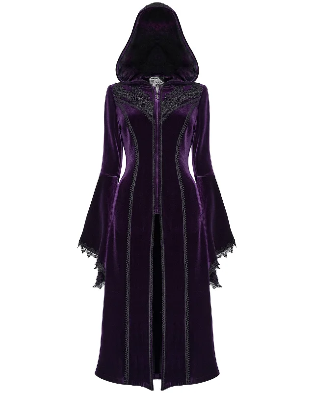 Punk Rave Womens Gorgeous Gothic Lace Applique Hooded Coat - Extended Size Range - Purple Velvet Fitted Loose Oversized Punk Rave Womens Gorgeous Gothic Lace Applique Hooded Coat - Extended Size Range - Purple Velvet Fitted Loose Oversized