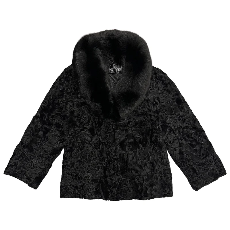 Kashani Ladies Black Full Persian Lamb/Fox Collar 3/4 Fur Coat Square Neck One-Shoulder Off-the-Shoulder Kashani Ladies Black Full Persian Lamb/Fox Collar 3/4 Fur Coat Square Neck One-Shoulder Off-the-Shoulder