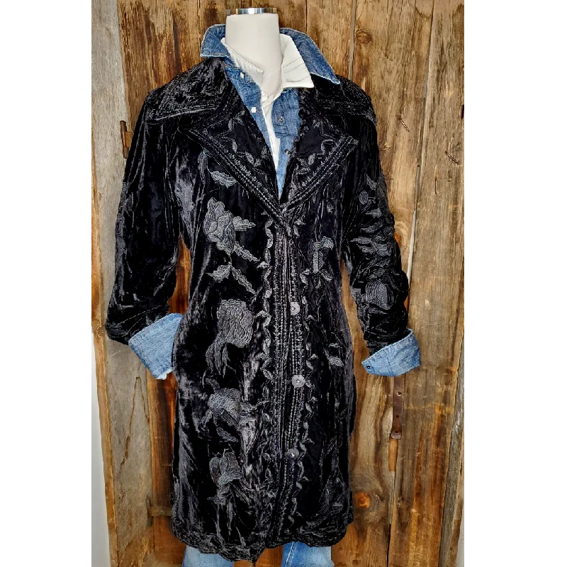 Black Velvet Long Coat with Embroidery Embroidered Appliqued Beaded