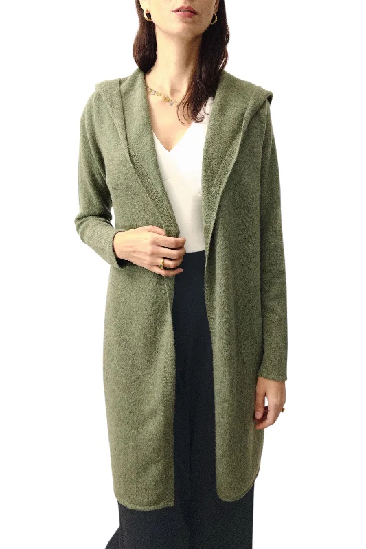 Long Cashmere Cardigan in Olive green - Hooded Spandex Rayon Corduroy