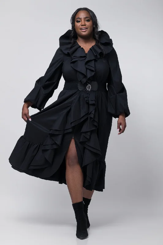 SAMUEL DONG DRAMATIC STRETCH EXTRAVAGANT RUFFLE COAT DRESS Cardigan Sweater Pullover