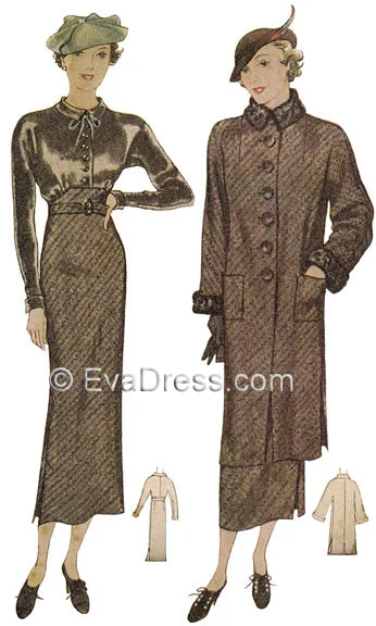 E-PATTERN 1934 Coat & Dress E8037 Cuffed Rolled Raglan