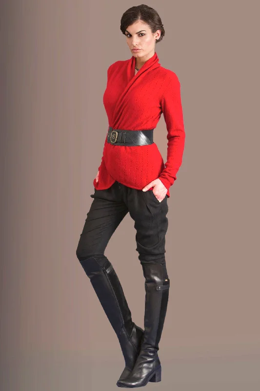 Red Cashmere Cardigan - Pointelle Polka Dot Checkered Tartan