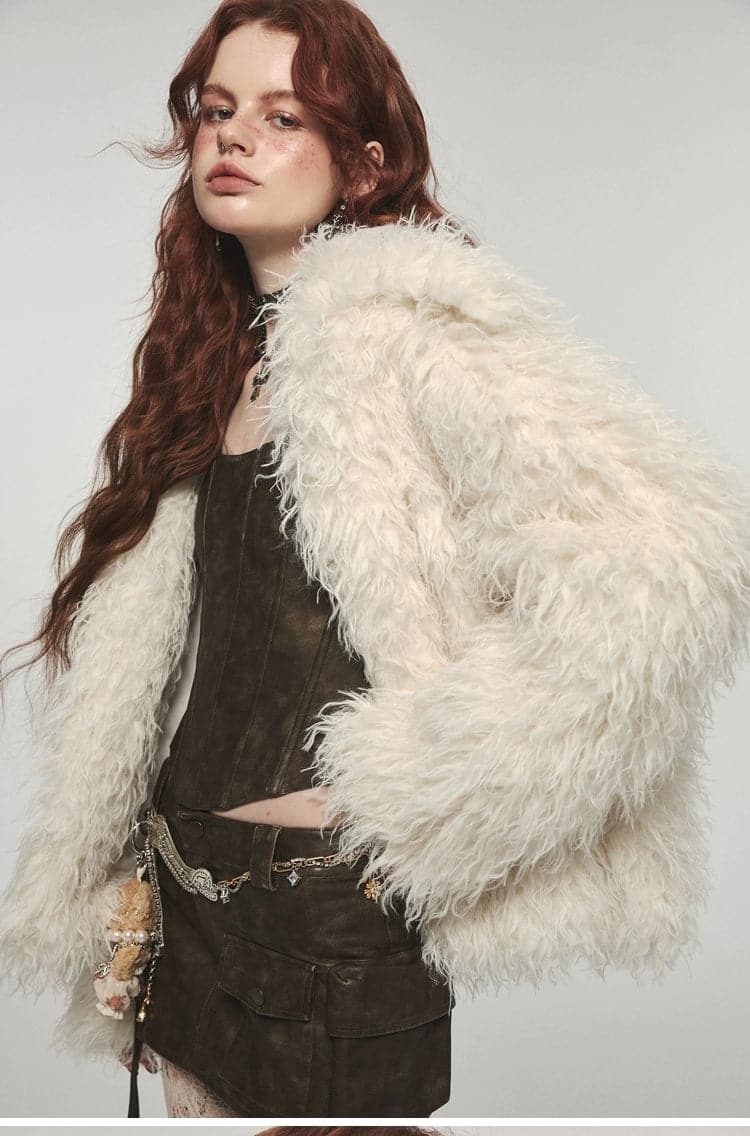 Fluffy Long Lapel Solid Color Versatile Eco-Fur Coat Cotton Linen Terry