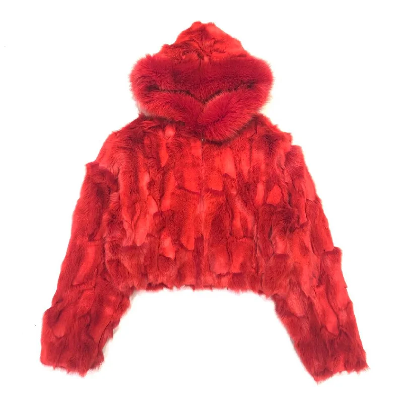 Kashani Ladies Red Hooded Fox Fur Coat Satin Silk Chiffon