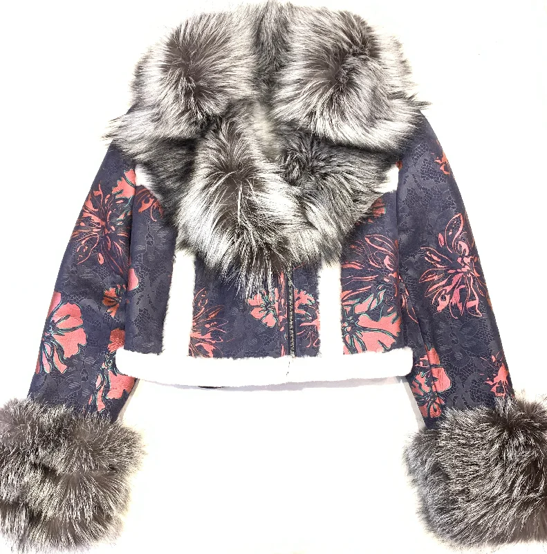 Kashani Ladies Floral Print Fox Fur Shearling Coat Stand-Up Roll-Neck Turtle