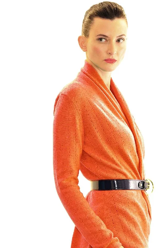 Orange Cashmere Cardigan - Pointelle Chenille Blend Fleece Blend Nylon Blend