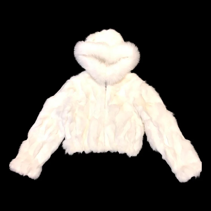 Kashani Ladies White Hooded Fox Fur Coat Denim Leather Suede