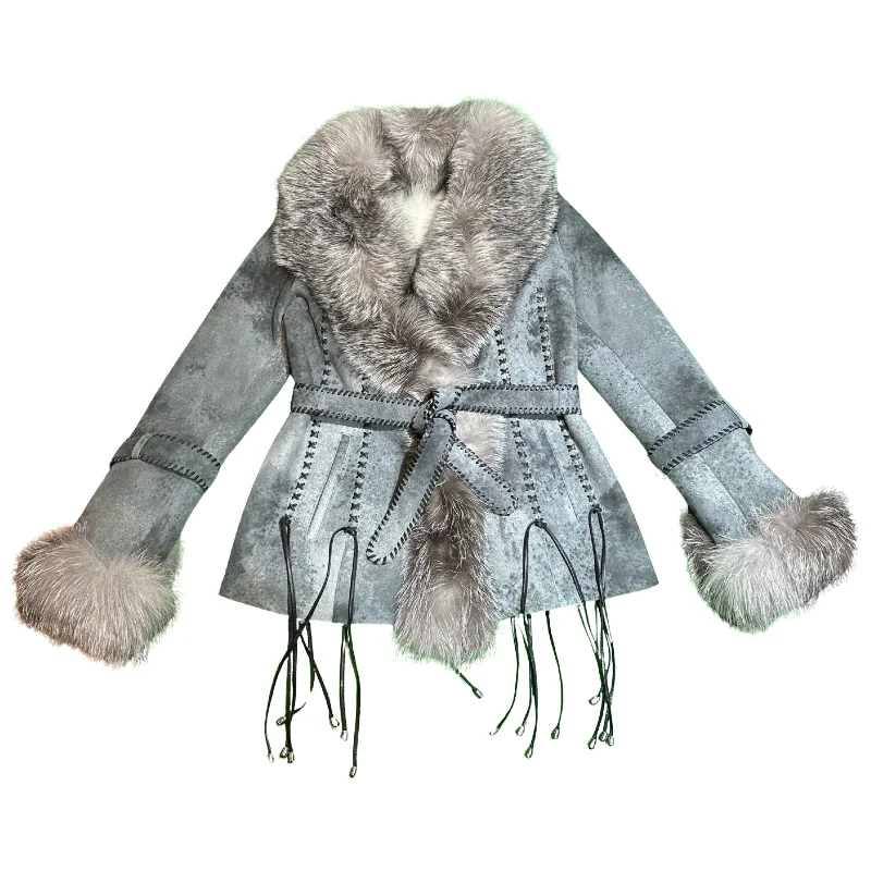 Kashani Women's Grey Hand Woven Silver Fox Fur Shearling Coat Striped Polka Dot Solid