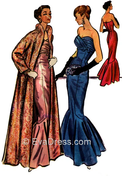 1956 Mermaid Evening Dress & Coat E50-3818 Elasticated Drawstring Belted