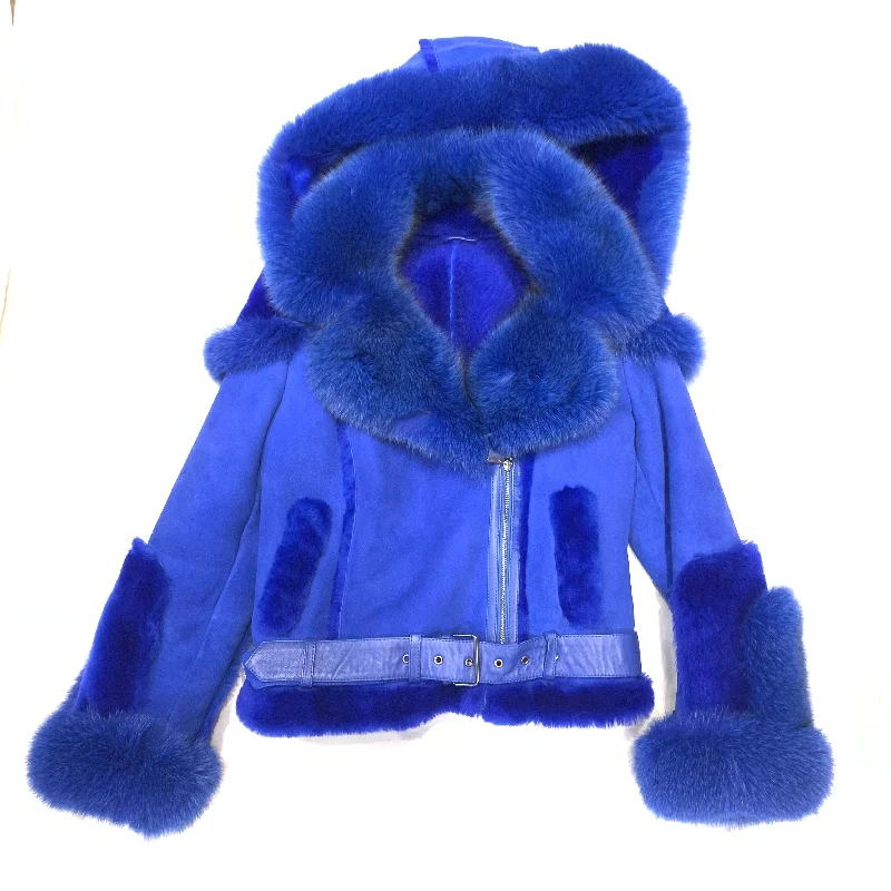 Kashani Ladies Royal Blue Biker Fox Shearling Coat Tailored Straight A-Line