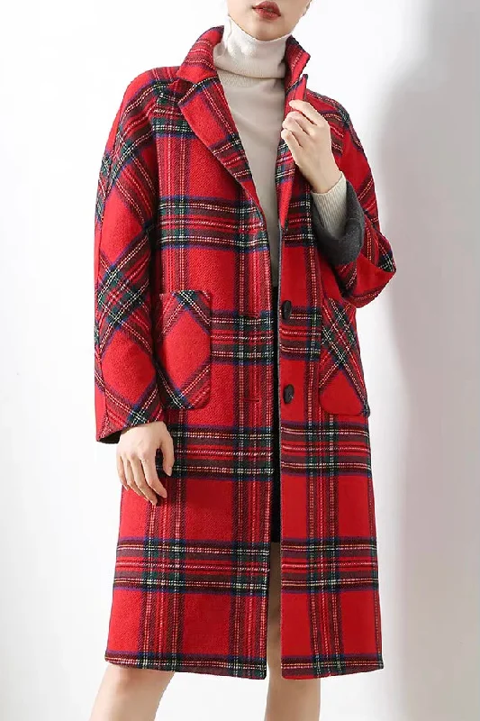 Red Plaid Wool Coat Turtleneck Wrap Cape