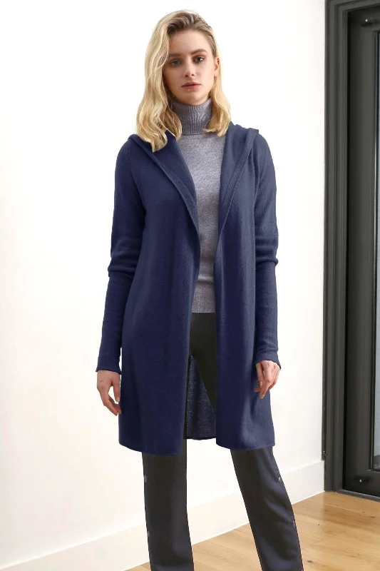 Long Navy Cashmere Cardigan - Hooded Zippered Front Buttoned Front Snap Front