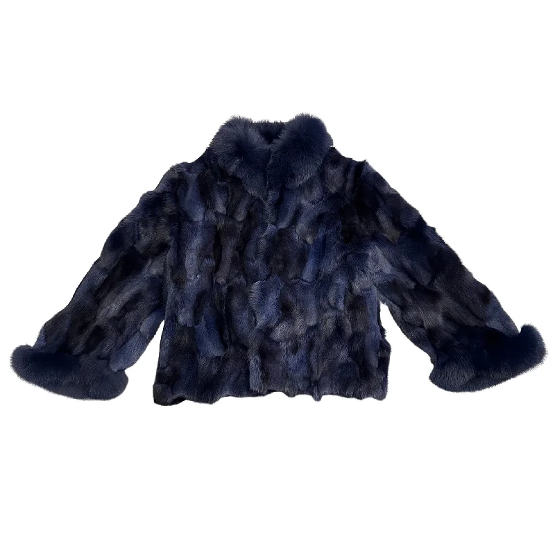 Kashani Ladies Navy Blue Diamond Cut Fox Fur Coat Buttoned Toggled Snapped
