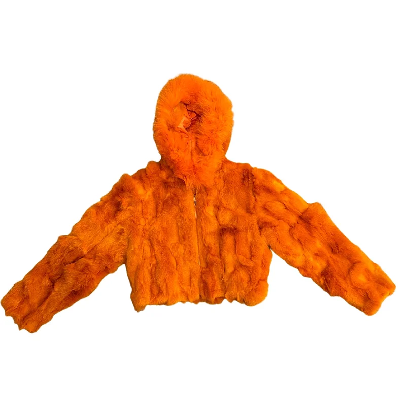 Kashani Ladies Orange Hooded Fox Fur Coat Pockets Sleeves Lining