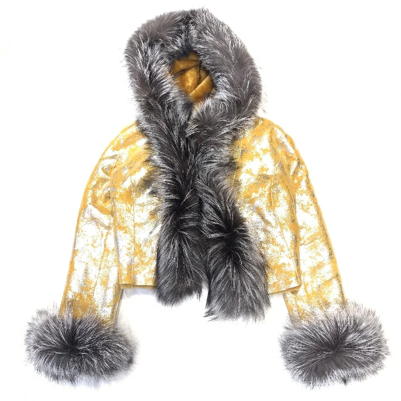 Kashani Ladies Gold Metallic Fox Fur Shearling Coat Zip Front Button Front Snap Front