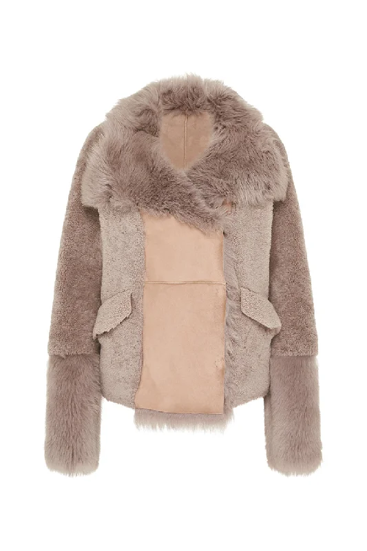 Spring Street Shearling Coat Taupe Shearling Cape Coat Herringbone Coat Tweed Coat